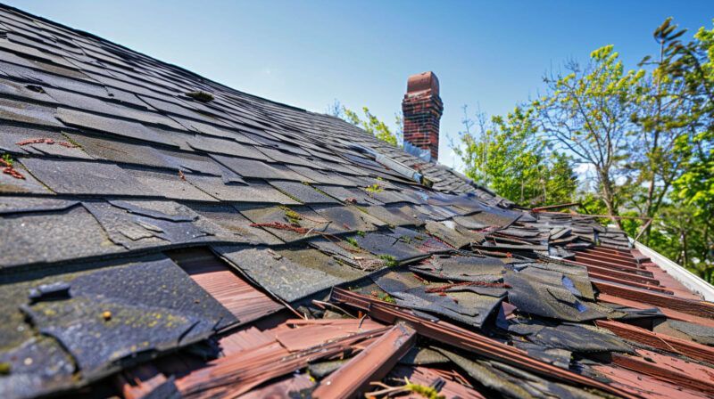 Damaged roof with missing shingles and a brick chimney under a blue sky