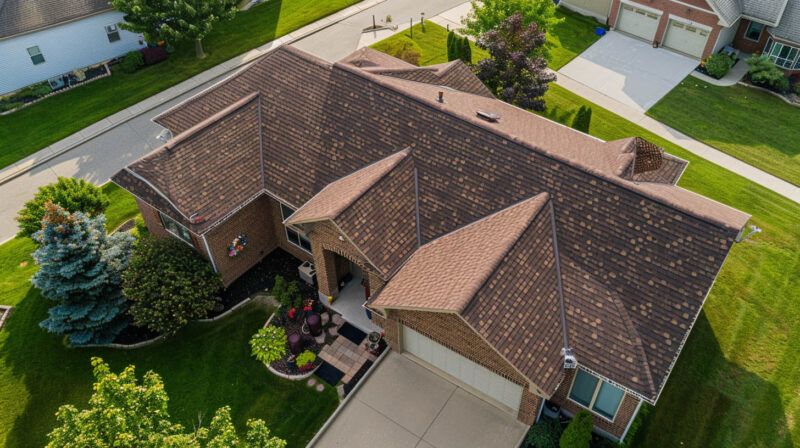 Aerial view of a suburban house with a brown shingle roof, driveway, front porch, and green lawn