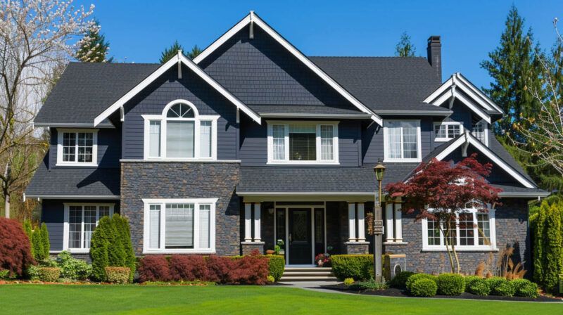 Large gray two-story suburban house with white trim, a front porch, and a manicured lawn