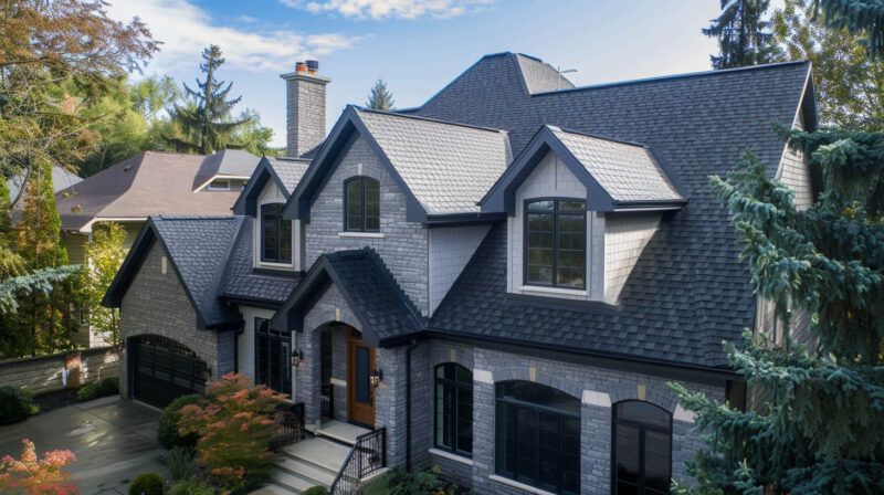 Large gray shingled suburban house with dormer windows, stone facade, and landscaped front yard
