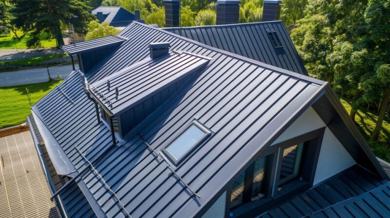 Aerial view of a modern gray metal-roofed house surrounded by trees and greenery.