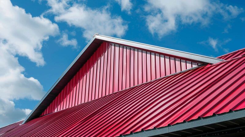 Red metal roof and gable against a blue sky with clouds