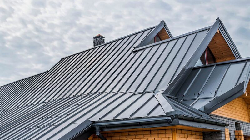 Modern metal roof on a house with gray panels and wooden dormer accents