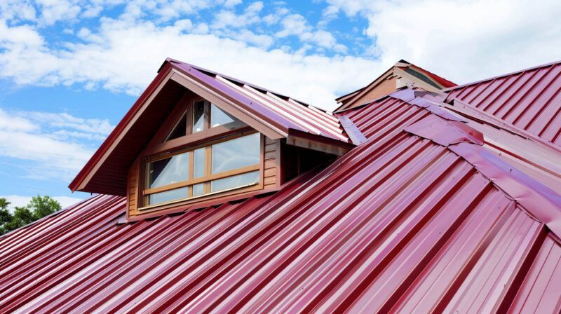 Red metal roof with dormer windows against a blue sky