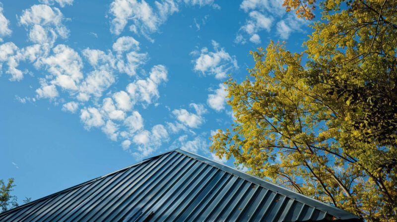 Blue sky with scattered clouds above a dark metal roof and a yellow-green tree