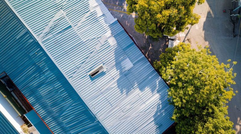 Aerial view of a blue-roofed building beside leafy trees and a paved street