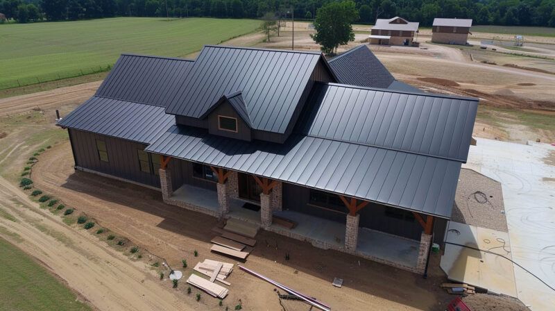 Aerial view of a house under construction with a dark metal roof and porch on a rural lot