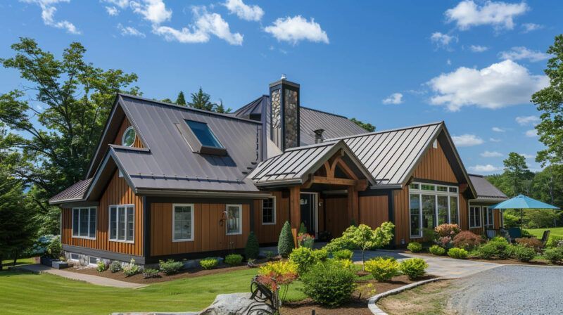 Wooden house with metal roof, stone chimney, and landscaped yard under a bright blue sky