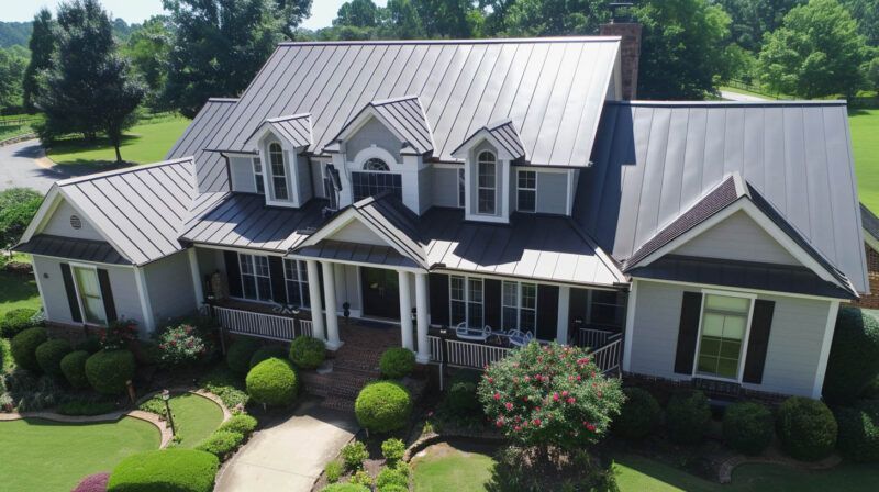 Large gray-roofed suburban house with white trim, front porch, and manicured landscaping