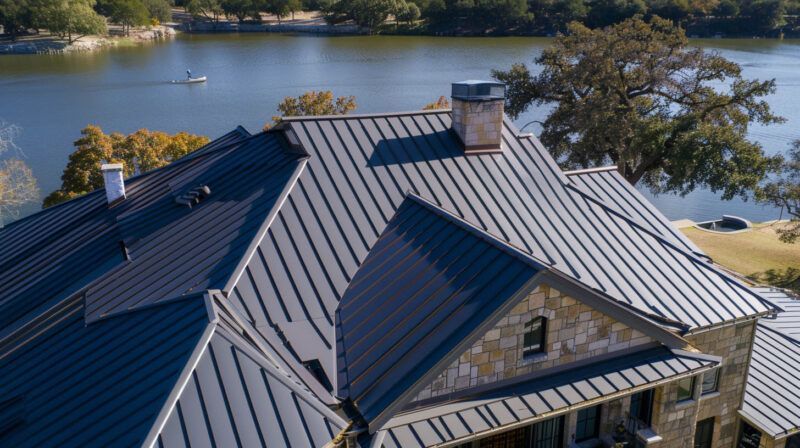 Blue metal roof with dormers overlooking a lake and trees