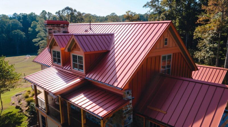 Rustic house with red metal roof and dormer windows surrounded by trees
