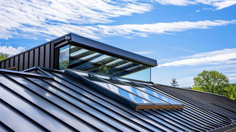 Modern black metal roof with skylights and a glass dormer under a blue sky
