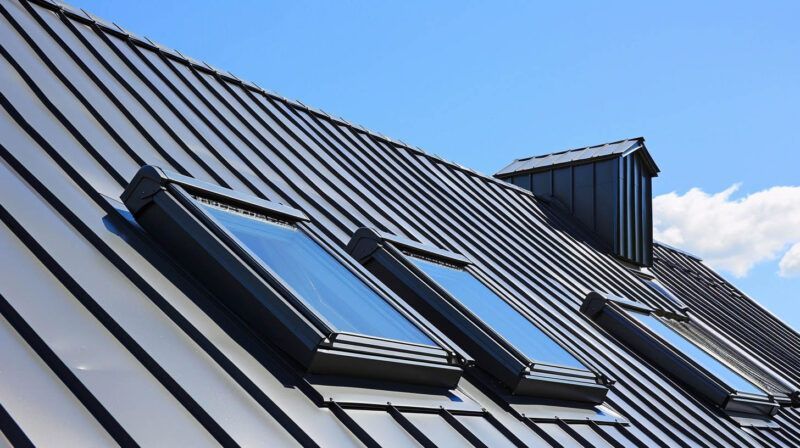 Rooftop with several black skylight windows on a gray metal roof under a blue sky