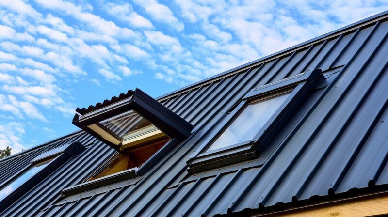 Black metal roof with skylights under a blue cloudy sky