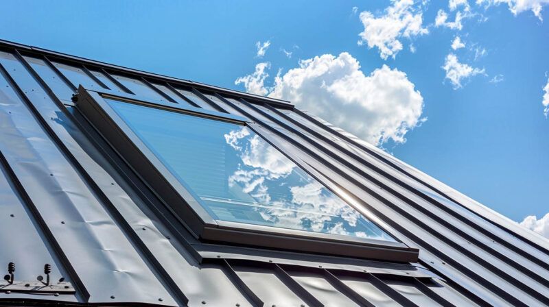Rooftop skylight on a black metal roof beneath a bright blue sky with clouds