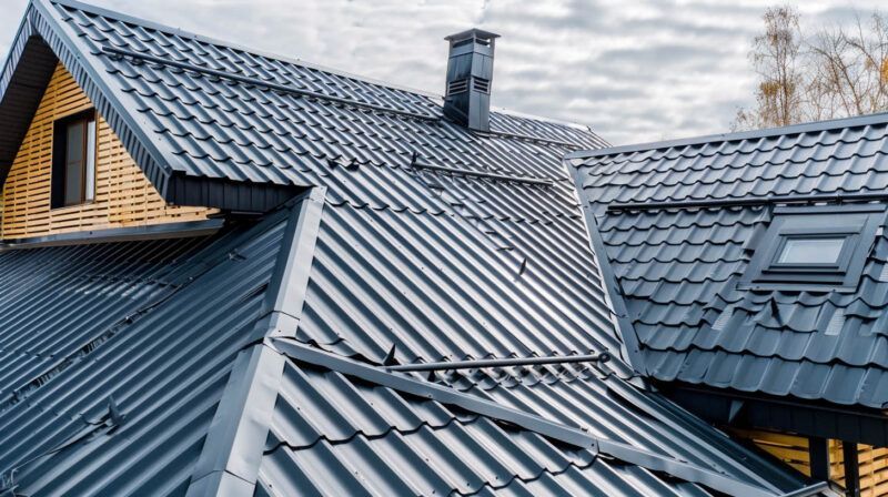 Close-up of a dark gray metal roof with skylights and a chimney on a house