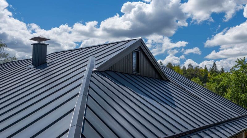 Dark metal roof with dormer and chimney under a cloudy blue sky
