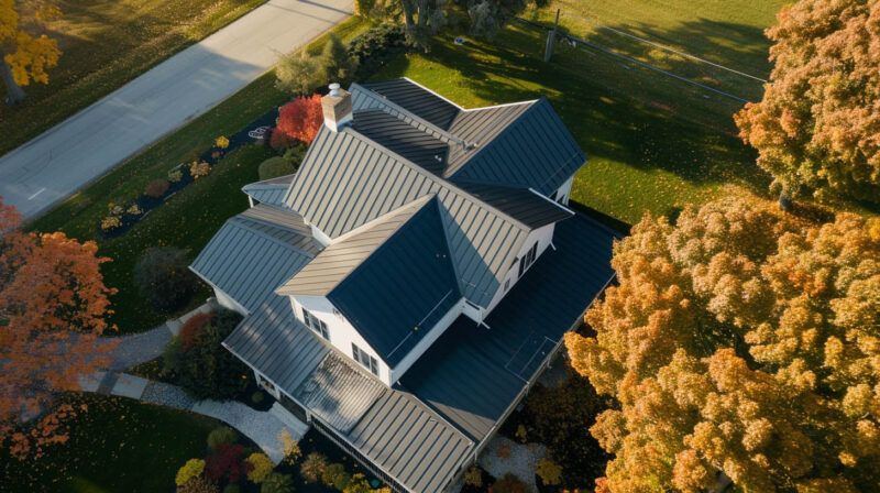 Aerial view of a modern gray-roofed house surrounded by trees and a driveway in autumn light