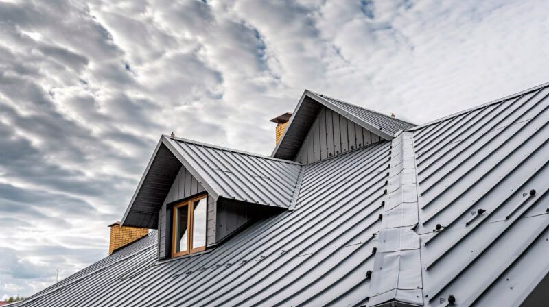 Metal roof with dormer windows under a cloudy sky