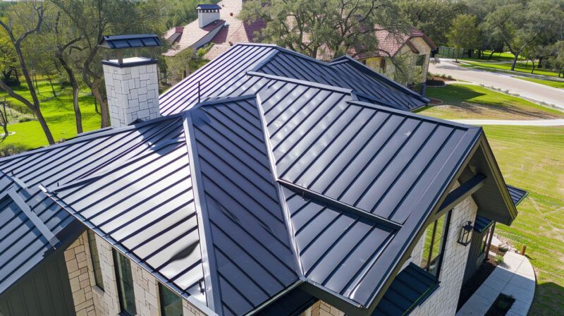 Aerial view of a house with a dark metal roof and chimney, surrounded by trees and lawn.