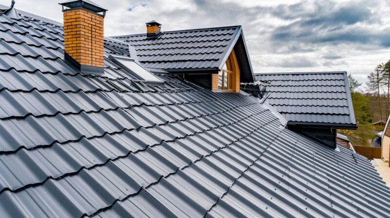 Gray metal roof with dormer windows and brick chimney on a house under cloudy skies