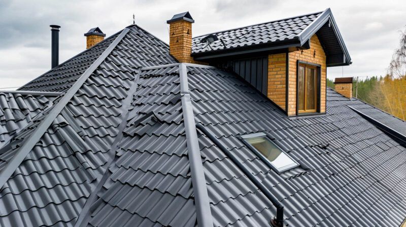 Dark gray tiled roof with skylight and chimneys on a modern house under construction
