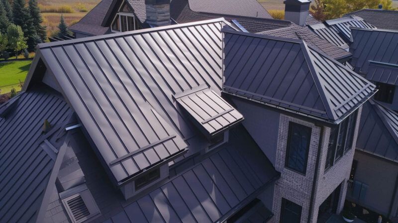 Gray metal roof with standing seam panels and skylights on a modern house