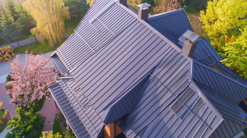 Aerial view of a gray metal roof on a house surrounded by green trees and blooming pink blossoms