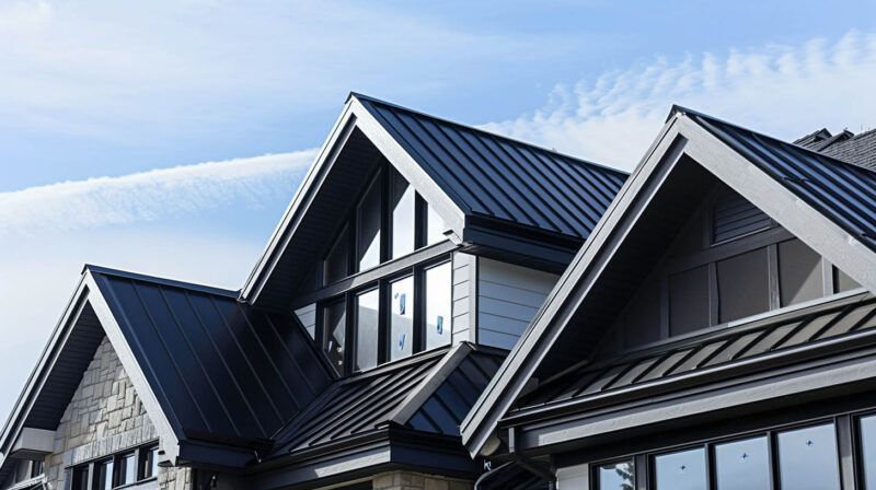Row of modern houses with dark metal roofs under a blue sky