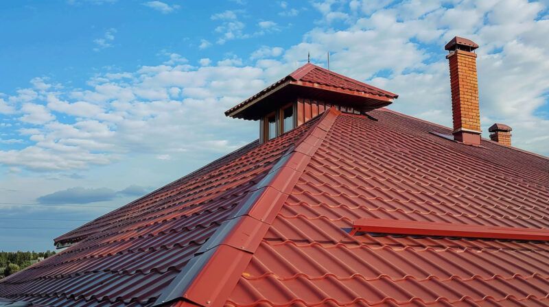 Red metal roof with chimney and blue sky over a house