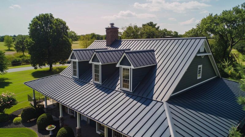 Gray metal roof with dormer windows on a house, viewed from above amid green trees and lawn