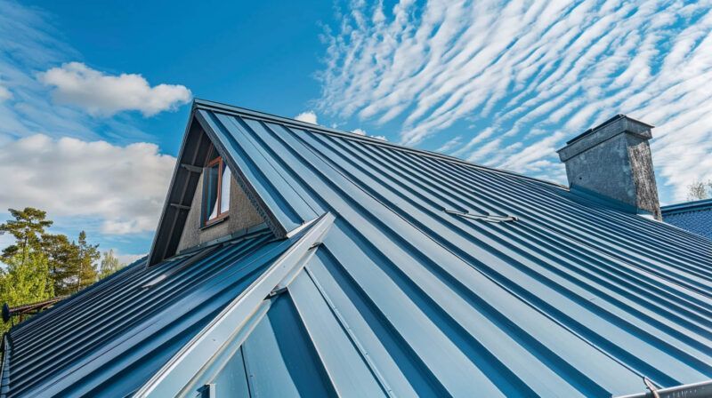 Blue metal roof with steep sloped panels and a chimney against a cloudy sky