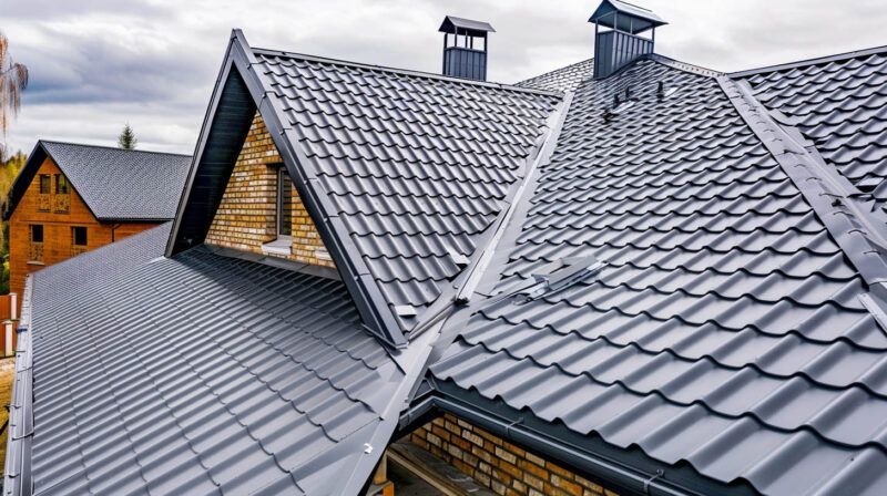 Modern gray-tiled roof with dormer windows on a brick house under cloudy skies