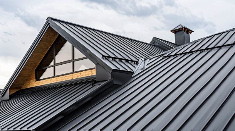 Dark gray metal roofs with a dormer window on a house under a cloudy sky