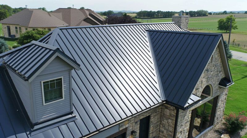 Metal gray standing-seam roof on a stone house in a rural setting, viewed from above