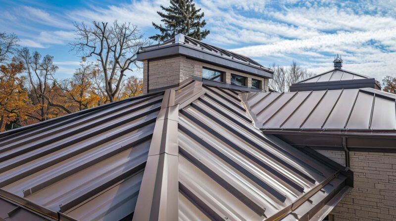 Metal rooftop with skylights and chimney under a blue sky, surrounded by autumn trees