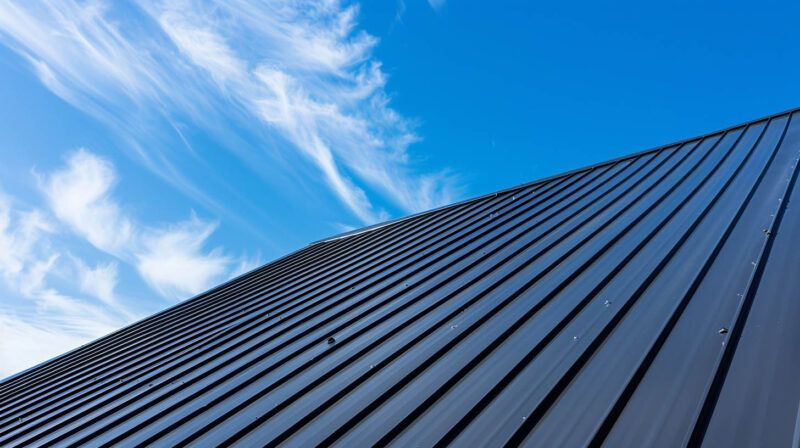 Dark blue metal roof with diagonal ridges against a bright blue sky with wispy clouds
