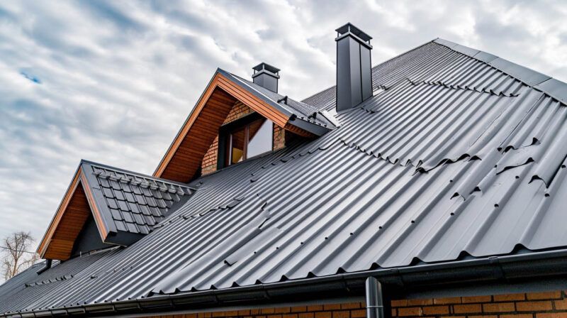 Snow-dusted metal roof with gray panels and brick dormers under a cloudy sky