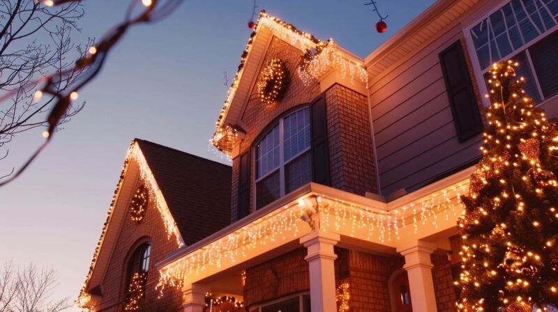 House with holiday lights glowing along the roofline at dusk