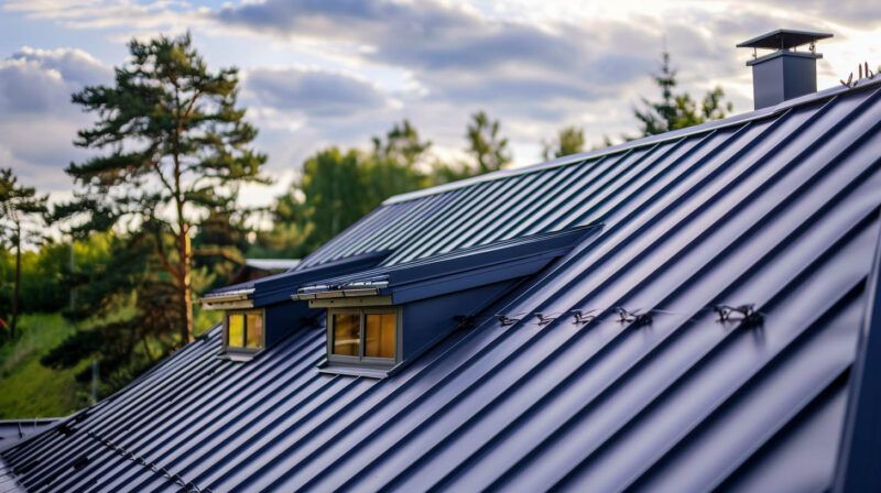 Slate metal roof with dormer windows and chimney, surrounded by trees under a cloudy sky
