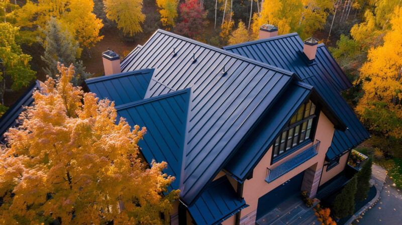Aerial view of a house with a dark metal roof surrounded by golden autumn trees.