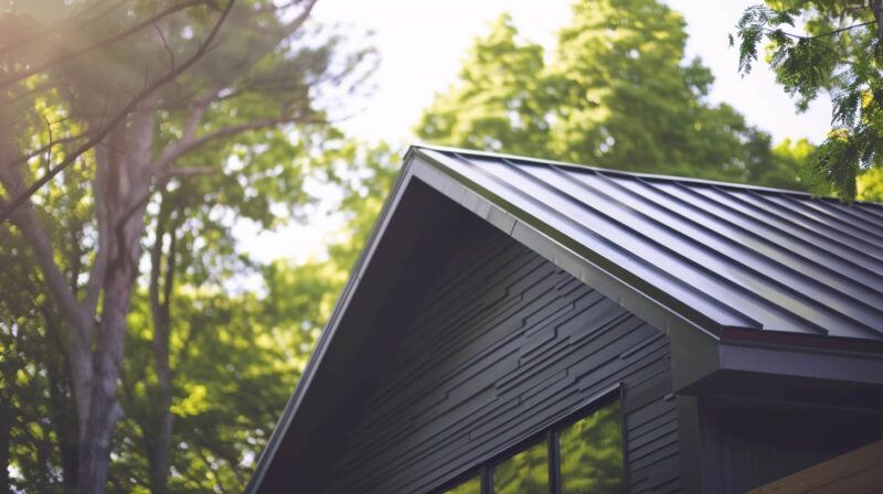 Dark metal roof of a house under sunlit green trees