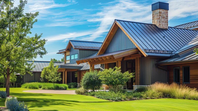 Sunny suburban house with a blue metal roof, stone chimney, and lush green lawn under a clear sky