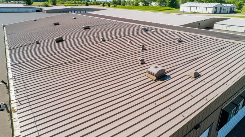 A large brown metal rooftop with several vents and skylights on an industrial building.