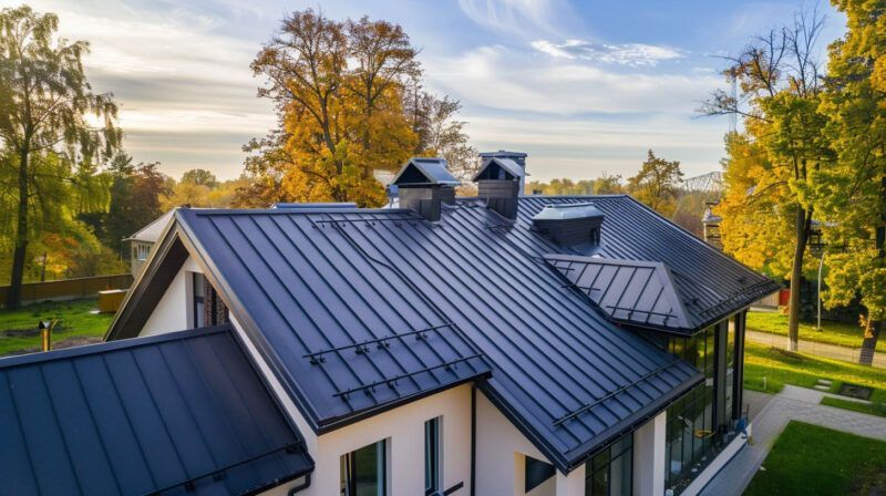 Modern house with a dark metal roof surrounded by autumn trees in warm sunlight