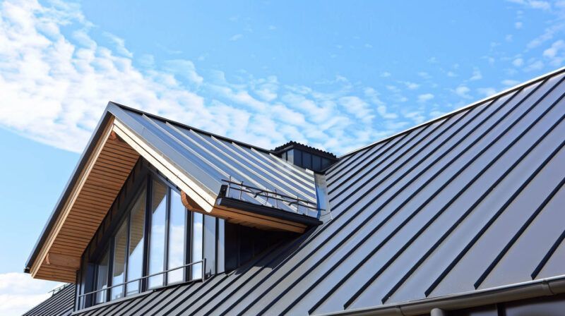 Modern house roof with dark metal panels and large windows under a blue sky