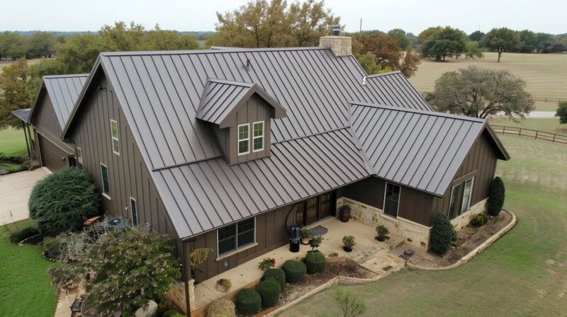 Aerial view of a dark metal-roofed farmhouse with landscaped yard in a rural setting