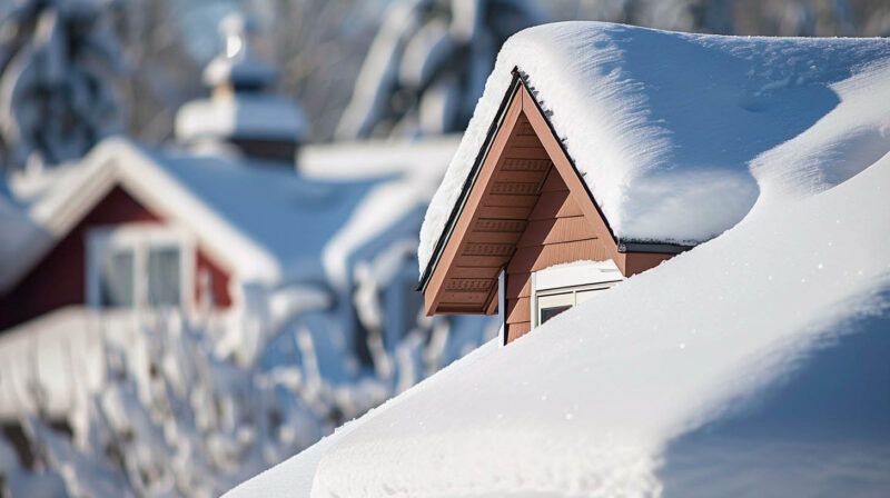 Snow-covered cabin roofs in a winter landscape with trees and a blurred house in the background