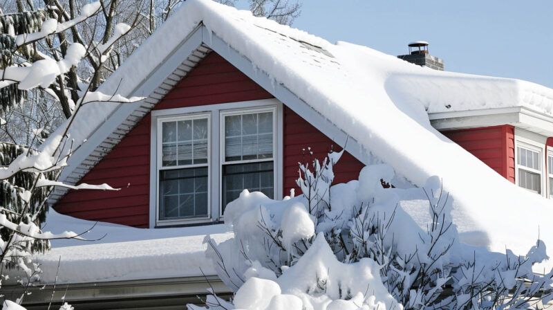 Snow-covered red house roof with white-trimmed windows and trees in the foreground