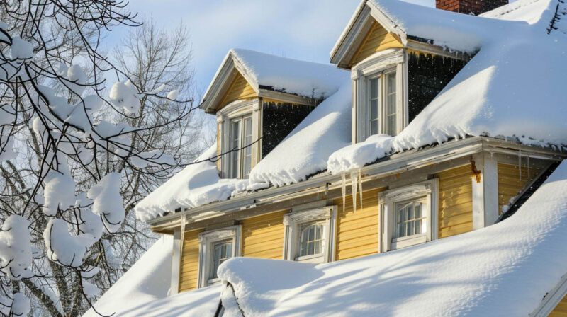 Snow-covered yellow house with dormer windows and bare trees in winter sunlight